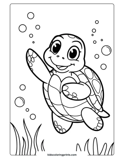 Cute Turtle Underwater, Waving With Bubbles And Aquatic Plants; Perfect For An Underwater-Themed Coloring Page.