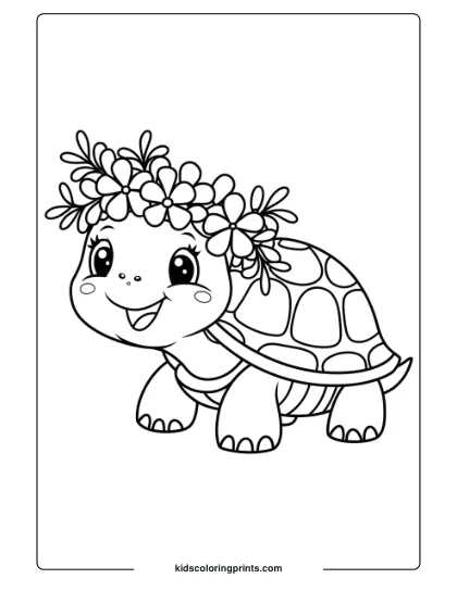 Cute Turtle With A Flower Crown Coloring Page, Featuring A Cheerful Turtle With Nature-Inspired Details.