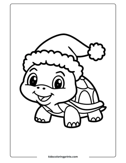 Cute Turtle In A Holiday Hat, Designed As A Simple, Festive Coloring Page With Cheerful Expressions.