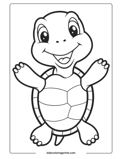 Cute Turtle Coloring Page Featuring A Smiling Turtle With A Segmented Shell And Outstretched Limbs.