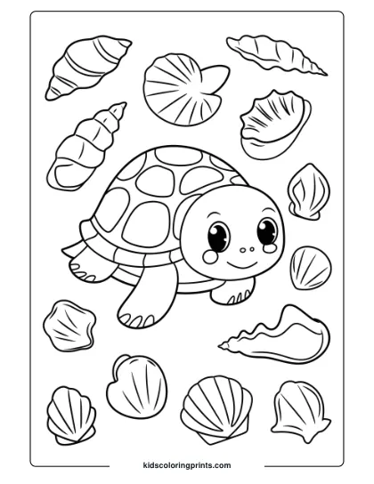 Cute Turtle And Seashells Coloring Page, Capturing A Delightful Underwater Scene With Shells.
