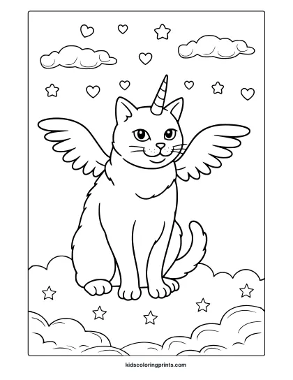 Unicorn Cat With Wings And Horn In A Dreamy Sky Full Of Clouds And Stars In This Cute Coloring Page.