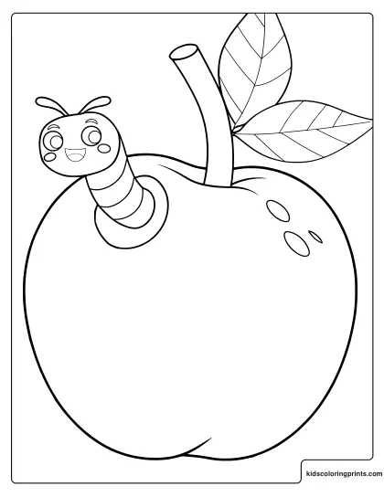Apple With A Cute Worm Coloring Page.