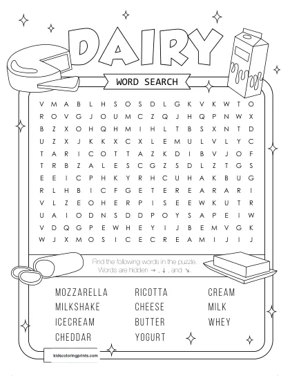Free Printable Dairy Word Search Puzzle With 11 Words From Milk To Cheese.