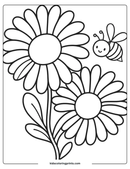 Two Daisies With A Cute Bee Flying Nearby, Adding A Lively Element To The Scene.