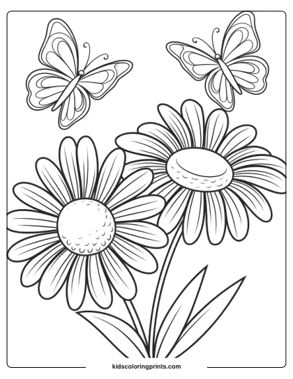 Two Daisies With Intricate Details And Butterflies Flying Above, Offering A Dynamic And Engaging Scene.