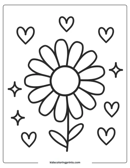 A Simple Daisy Surrounded By Hearts And Stars, Providing A Minimalist And Calming Coloring Experience.