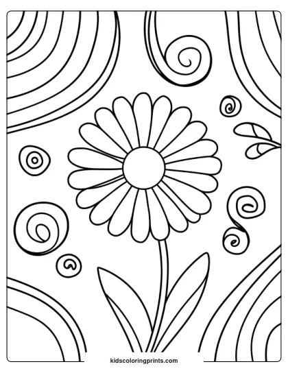 A Detailed Daisy Surrounded By Swirling Patterns, Creating A Dynamic And Flowing Design For Coloring.
