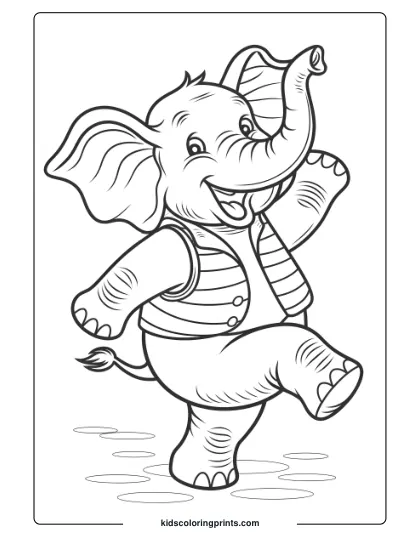 Coloring Page Of A Dancing And Joyful Elephant.