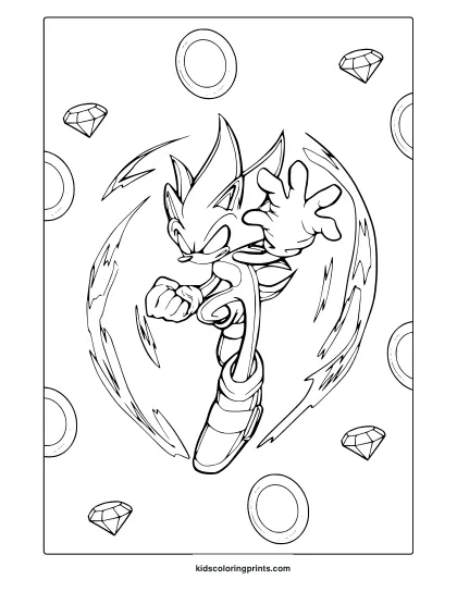 Coloring Page With Dark Sonic In Action Pose With Coins And Diamond Shapes Around.