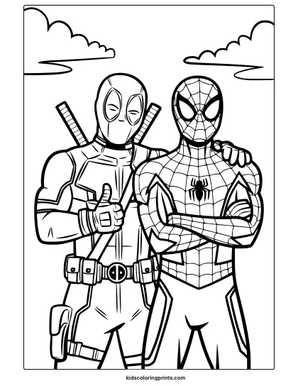 Deadpool And Spider-Man Coloring Page Featuring The Superheroes Together, Ideal For Marvel Fans To Color.
