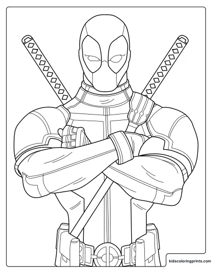 Deadpool Coloring Page Showing Deadpool Standing With Crossed Arms And Swords On His Back.