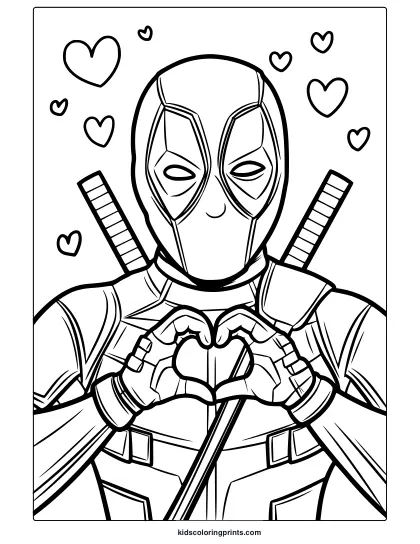 Deadpool Heart Coloring Page With The Superhero Making A Heart Gesture, Ideal For Lighthearted And Creative Coloring.