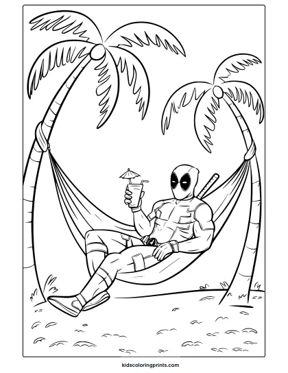 Deadpool Vacation Coloring Page With The Superhero In A Hammock Holding A Drink, Perfect For Creative Coloring Fun.