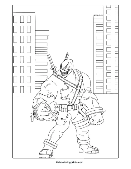 Deadpool Venom Coloring Page Featuring A Muscular Hybrid Figure In Tactical Gear Against An Urban Skyscraper Backdrop.