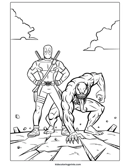 Deadpool And Venom Coloring Page Featuring The Characters In A Dramatic Stance, Perfect For Superhero Coloring Fun.