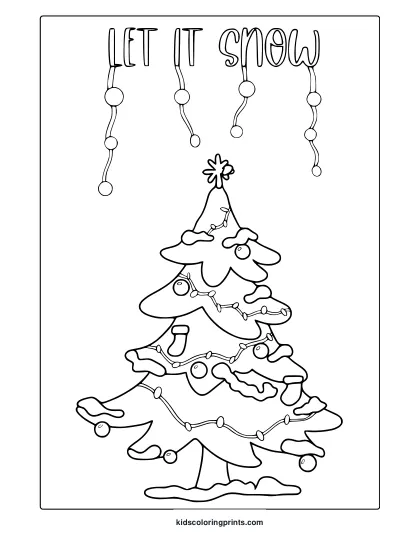 December Christmas Tree Coloring Page With Decorated Tree, Star, Ornaments, And String Lights.
