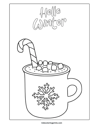 December Hot Chocolate Coloring Page With Mug, Marshmallows, And Striped Candy Cane.