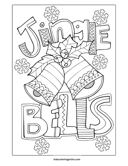 December Jingle Bells Coloring Page With Bells, Holly Leaves, Berries, And Snowflakes.