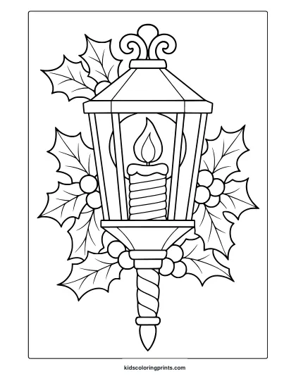 December Lantern Coloring Page With Lantern, Burning Candle, Holly Leaves, And Berries.