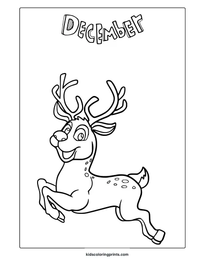December Reindeer Coloring Page With Reindeer In Jumping Pose And Detailed Antlers.