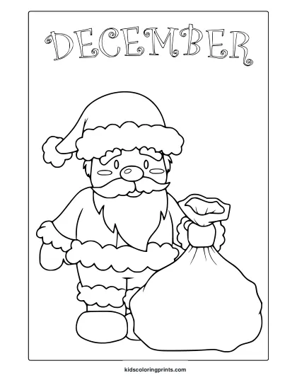 December Santa Claus Coloring Page With Santa Holding A Gift Sack.