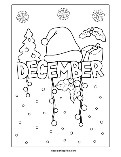 December Snow Coloring Page With Decorated Christmas Tree, Santa Hat, Wrapped Gift, Holly Leaves, And Snowflakes.