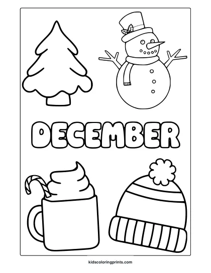December Themed Coloring Page With Snowman, Christmas Tree, Hot Cocoa Mug, And Striped Winter Beanie.