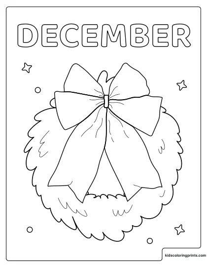 December Coloring Page With A Large Wreath And A Big Decorative Bow.
