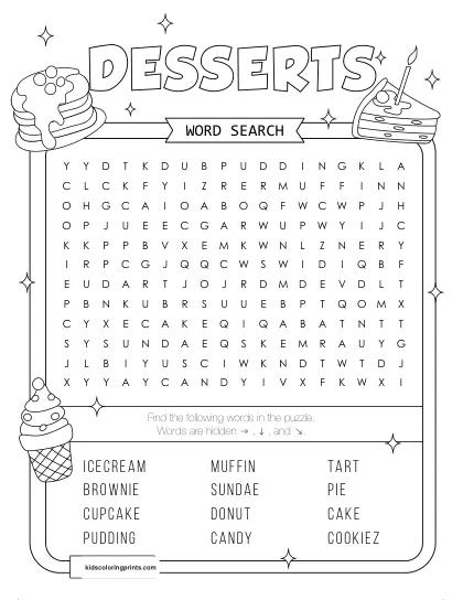 Free Printable Desserts Word Search Puzzle With 12 Sweet Words From Cake To Candy.