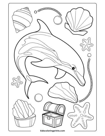 A Detailed Dolphin With Seashells, Starfish, And Treasures, Ideal For A Creative Coloring Page.