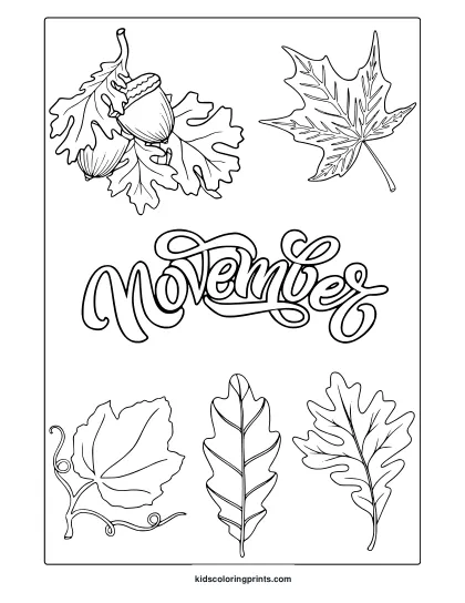 Detailed November Leaves Coloring Page With Maple, Oak, And Grape Leaves Around A Script Title.
