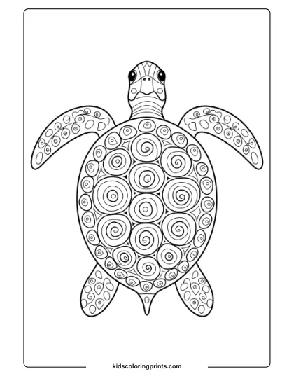 Spiral-Patterned Sea Turtle Coloring Page, Offering Intricate Details Ideal For Coloring Enthusiasts.