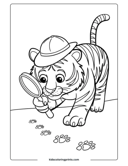 Detective Tiger Coloring Page Showing A Curious Tiger Studying Paw Prints With A Magnifying Glass.