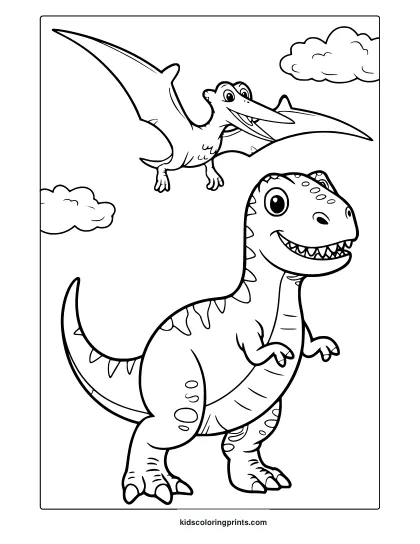 A Cartoon T-Rex And Pterodactyl Duo Fill This Playful And Vibrant Dinosaur Coloring Page With Fun.