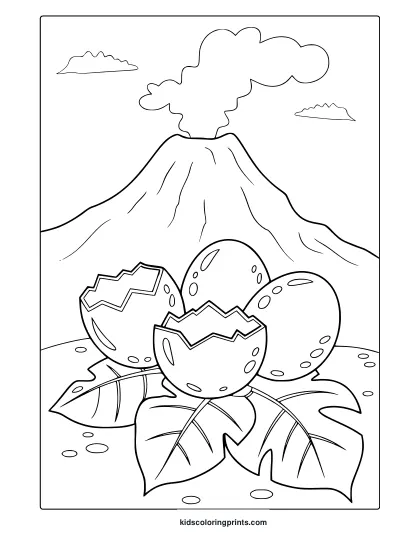 Hatching Dinosaur Eggs By A Volcano Are Featured In This Detailed And Fun Dinosaur Coloring Page For Kids.