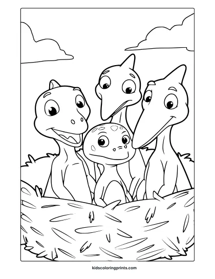 Four Cute Dinosaurs In A Nest Are Drawn In This Playful And Simple Dinosaur Coloring Page For Young Artists.