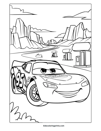 A Lightning Mcqueen Racing Car On A Winding Road With Fuel Stations, A Great Disney Cars Coloring Page.