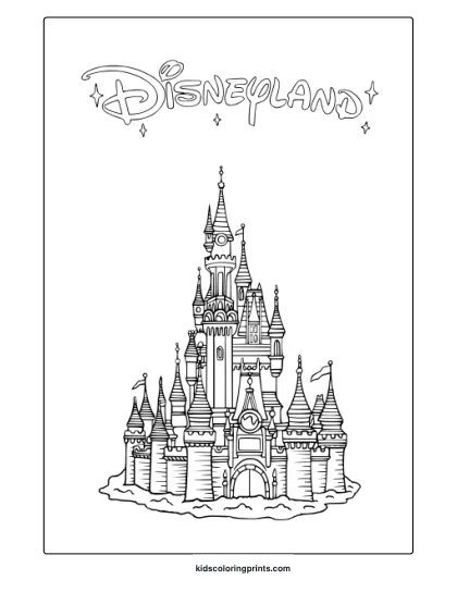 Coloring Page Of The Disneyland Castle With Spires, Towers, And Whimsical Architectural Details.