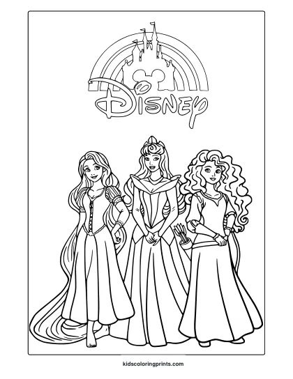 Disney Princesses Coloring Page Standing Together.