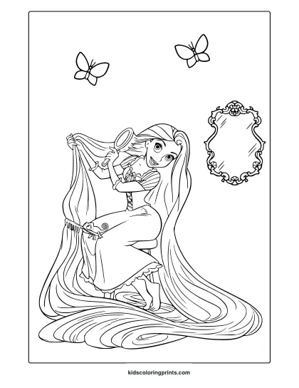 Coloring Page Of Rapunzel Holding A Magnifying Glass With Butterflies And An Ornate Mirror Frame.