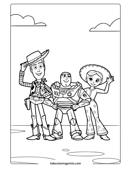 A Disney Toy Story Coloring Page Featuring Woody, A Robot, And A Girl In A Pink Dress With Stars Under A Clear, Cloudy Sky.