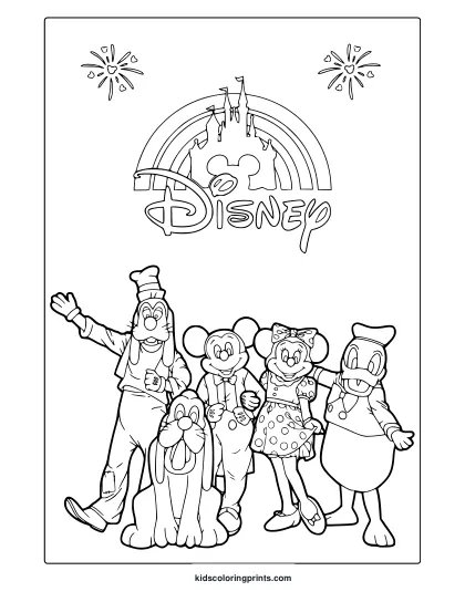 Disney Characters Coloring Page Standing Together.