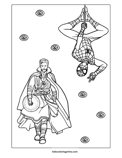 Doctor Strange And Spider-Man Coloring Page With Bold Details And Magical Symbols.
