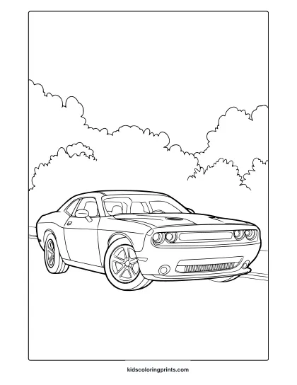 A Dodge Challenger Sports Coupe On A Road With Trees, A Stylish Dodge Car Coloring Page.