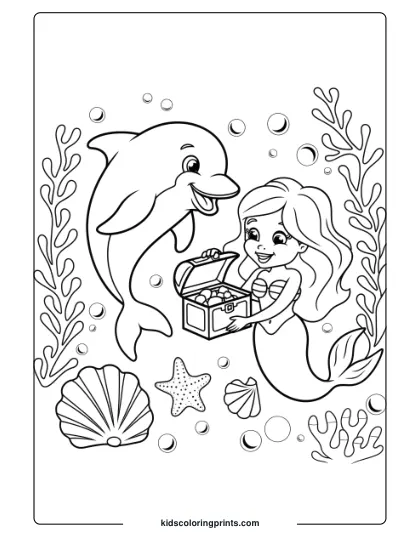A Dolphin And Mermaid Discovering Ocean Secrets, Making A Magical Coloring Page.