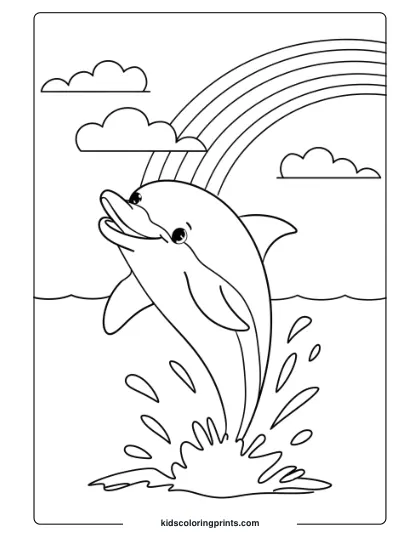 A Dolphin Celebrating Under A Rainbow Sky, Creating A Colorful And Lively Coloring Page.