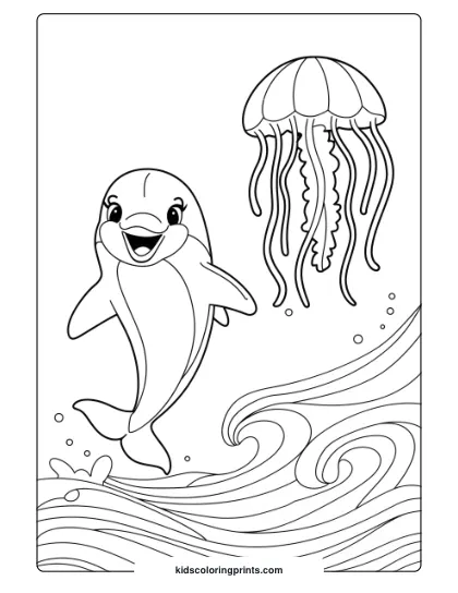 A Dolphin Dancing In The Waves With A Jellyfish, A Graceful Coloring Page.