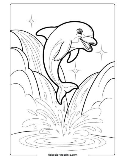 A Dolphin Jumping From A Sparkling Waterfall, Showcasing A Dynamic Scene For An Engaging Coloring Page.