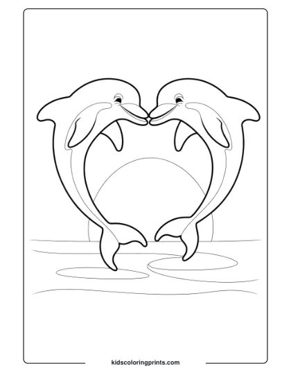 A Dolphin Pair Forming A Heart In The Sunset, A Heartwarming Coloring Page.